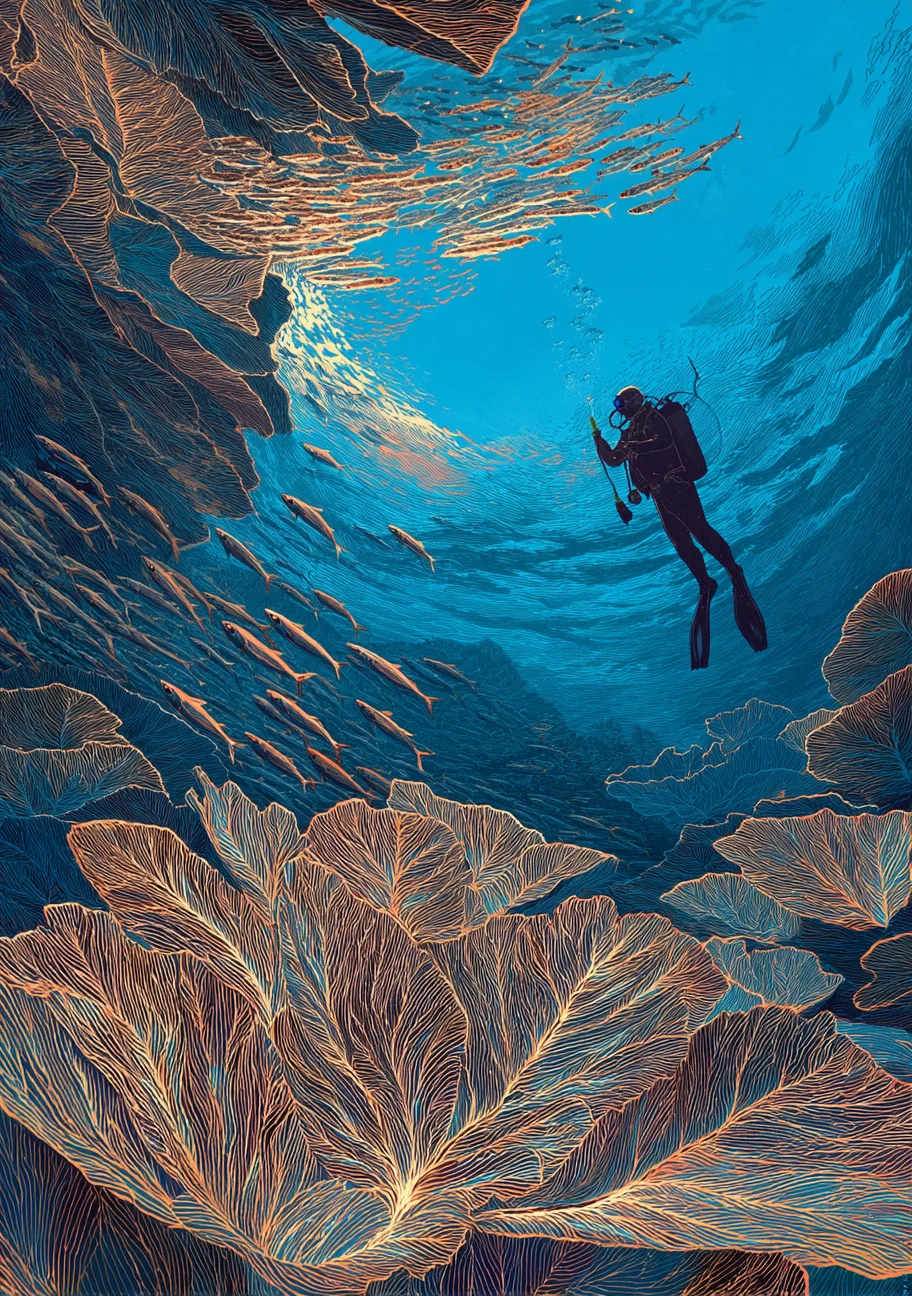 Illustration of a diver exploring beneath the ocean surface